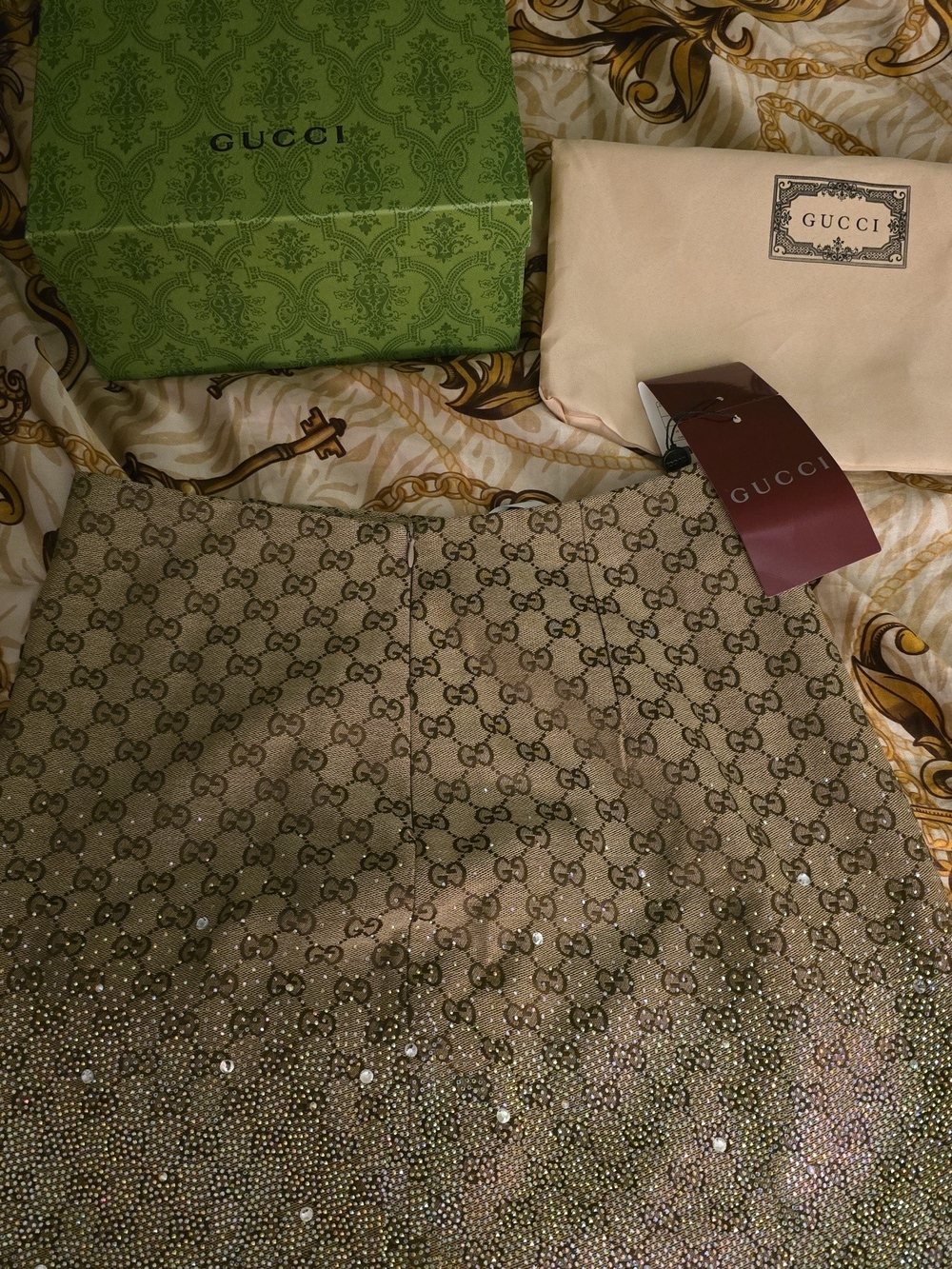 Gucci Beige GG Logo Embellished Mini Skirt